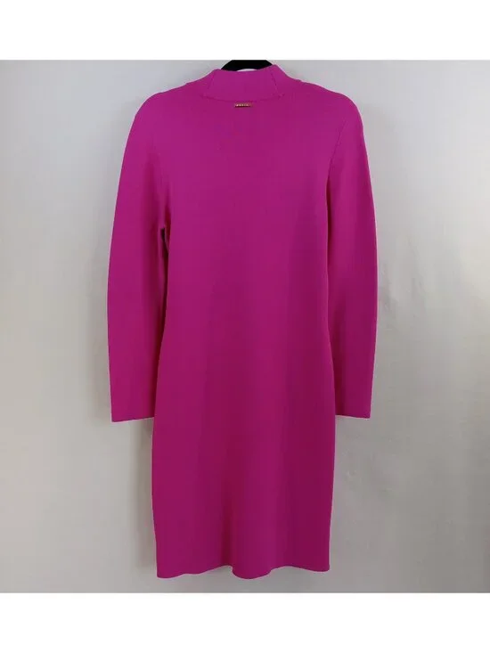 Michael Kors Women's Magenta Mock Neck Knit Sheath Dress Hot Pink LARGE Stretch - Picture 2 of 16